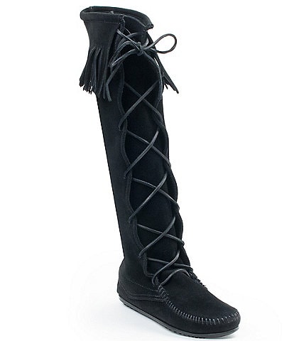 Minnetonka Women's Hardsole Suede Fringe Tall Lace Up Boots