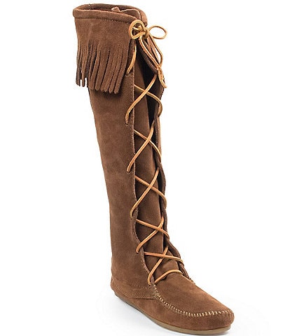Minnetonka Women's Hardsole Suede Fringe Tall Lace Up Boots