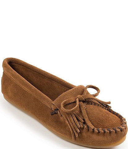 Minnetonka Kilty Suede Kiltie Bow Detail Moccasins
