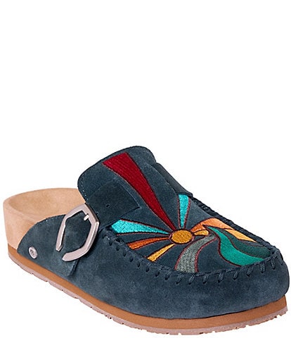 Minnetonka Sunset Embroidered Suede Buckle Clogs