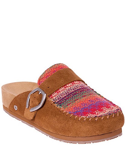 Minnetonka Women's Horizon Multi Stripe Suede Buckle Clogs