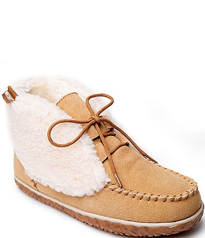 Minnetonka Women's Torrey Suede Faux Shearling Bootie Slippers