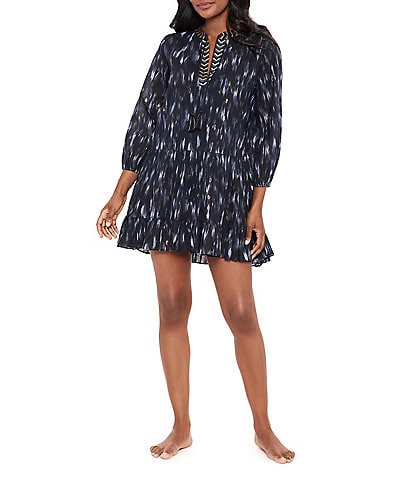 Miraclesuit Bronze Reign Beach Ikat Pattern Split V-Neck Tiered Hem Cover-Up Dress