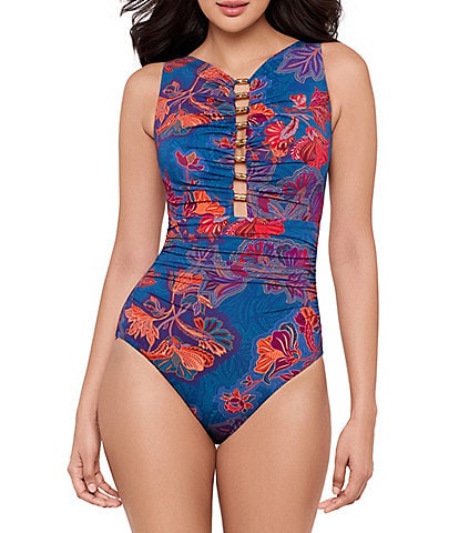 Miraclesuit Decoupage Swizzle Plunge Neck Underwire One Piece Swimsuit