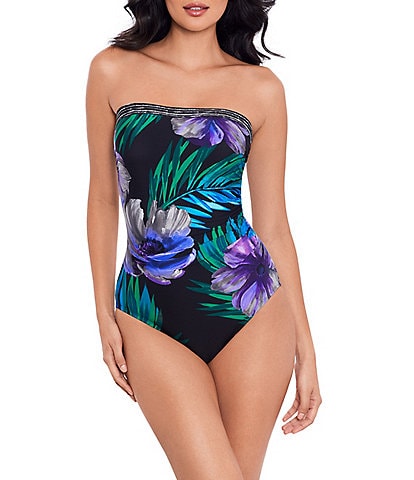 Miraclesuit Flora Aura Avanti Printed Strapless Neck Shirred Bodice Underwire One Piece Swimsuit