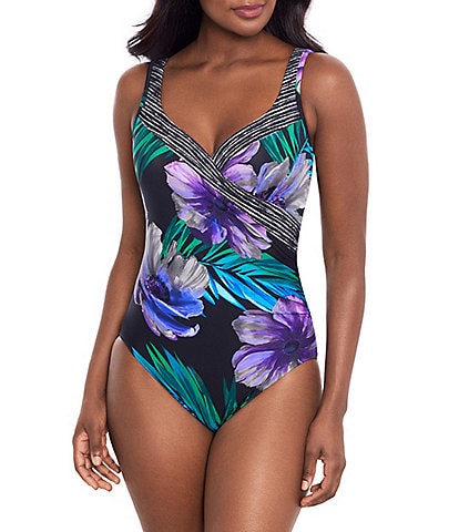 Miraclesuit Flora Aura It's A Wrap Printed Surplice V-Neck Padded Straps Underwire One Piece Swimsuit