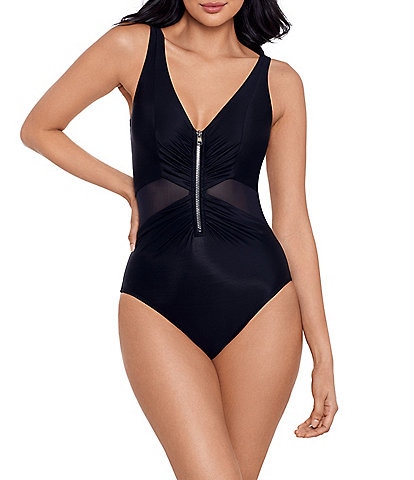 Miraclesuit Network News Vive Solid Mesh Front Zip V-Neck Shaping One Piece Swimsuit