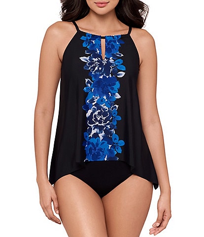 Miraclesuit Ombre Fiore Peephole High Neck Tankini Swim Top & Solid High Rise Bikini Swim Bottom