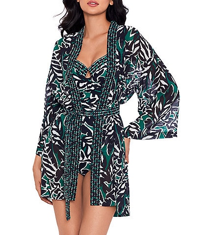 Miraclesuit Palma Verde Printed Open Front Belted Kimono Swim Cover-Up