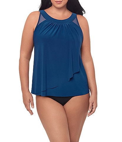 Miraclesuit Plus Size Solid Mesh Illusionists Scoop Neck Underwire Bra Tankini Swim Top & Plus Size Basic Swim Bottom