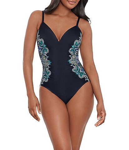 Miraclesuit Precioso Temptation Printed V-Neck Shirred Underwire DD Cup Shaping One Piece Swimsuit