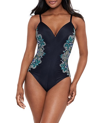 Miraclesuit Precioso Temptation Printed V-Neck Shirred Underwire Shaping One Piece Swimsuit