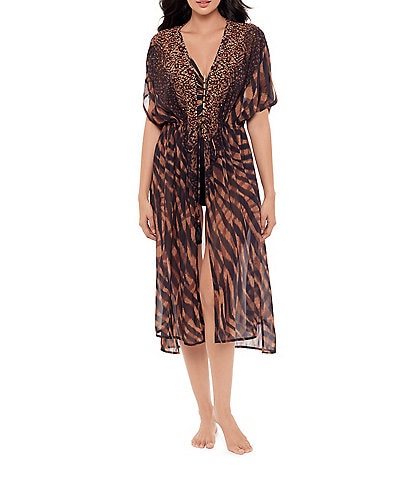 Miraclesuit Raya De Safari Semi-Sheer Georgette Long Kimono Swim Cover-Up
