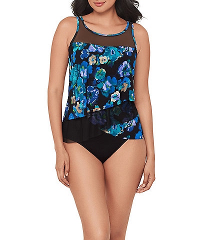 Miraclesuit Secret Garden Mirage High Neck Underwire Bra Tankini Swim Top & Solid High Rise Bikini Swim Bottom