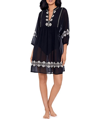 Miraclesuit Shore Leave Embroidered V-Neck 3/4 Sleeve Cover-Up Beach Dress