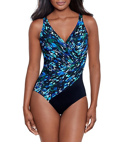 Profile by Gottex Let It Be Geo Print Beaded Shirred V-Neck Tank Tummy  Control One Piece Swimsuit