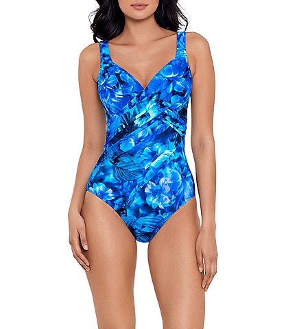 Miraclesuit Sous Marine Revele Printed V-Neck Underwire Shaping One Piece Swimsuit