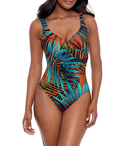 Miraclesuit Tamara Tigre It's A Wrap Palm Print Sweetheart Neck Underwire Shaping One Piece Swimsuit