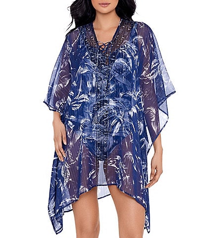 Miraclesuit Tropica Toile Palm Print Lace-Up V-Neck Cover-Up Caftan