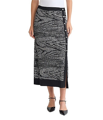 MISOOK Abstract Animal Print Coordinating Soft Knit Side Button Midi Skirt