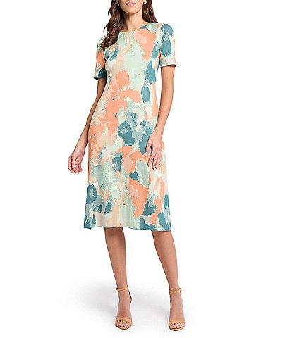 MISOOK Abstract Floral Knit Round Neck Short Sleeve A-Line Midi Dress