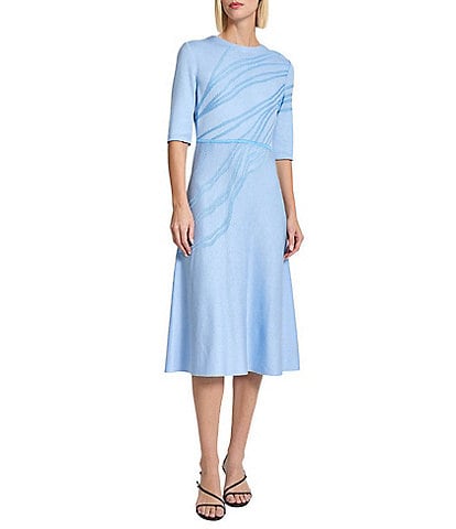 MISOOK Abstract Knit Crew Neck Elbow Sleeve Fit-And-Flare Midi Dress