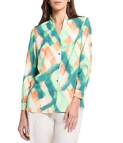 MISOOK Abstract Print Crepe De Chine Mandarin Collar V-Neck Long Sleeve Blouse