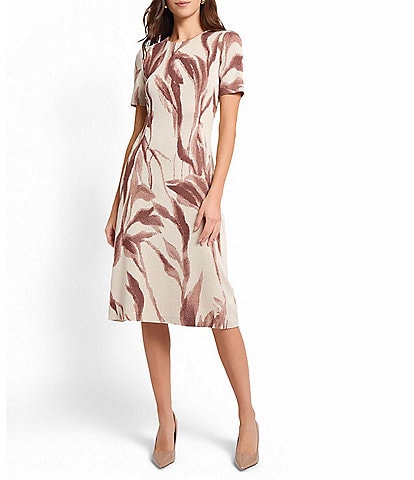 MISOOK Botanical Jacquard Soft Knit Round Neck Short Sleeve A-Line Midi Dress