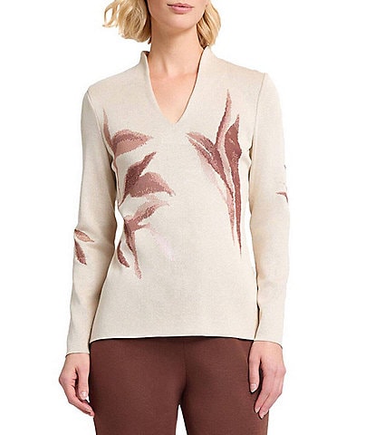 MISOOK Botanical Jacquard Soft Knit V-Neck Long Sleeve Tunic