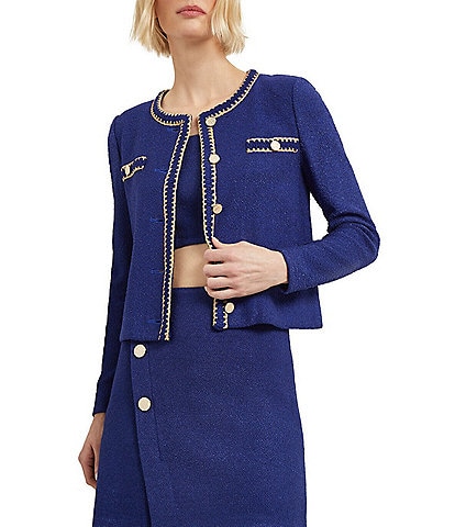 MISOOK Boucle Knit Round Neck Long Sleeve Braided Trim Button Front Jacket