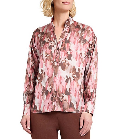 MISOOK Brushstroke Print Crepe De Shine Long Sleeve Button Front Blouse