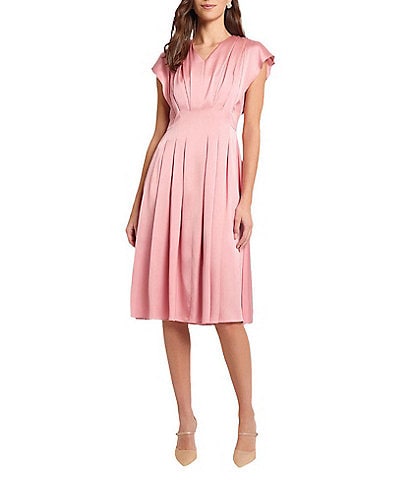 MISOOK Charmeuse Crepe De Chine V-Neck Flutter Sleeve Fit-And-Flare Midi Dress