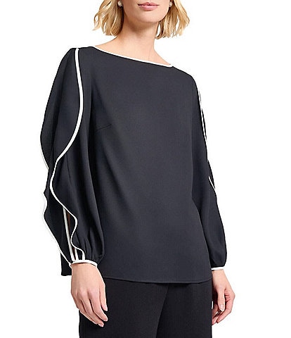 MISOOK Contrast Trim Crepe Boat Neck Butterfly Sleeve Blouse