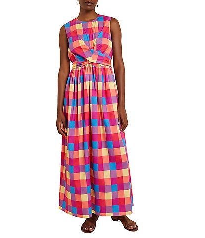 MISOOK Cotton-Blend Plaid Round Neckline Sleeveless Wrap Front Maxi A-Line Dress