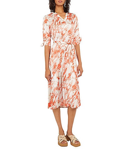 MISOOK Crepe de Chine Abstract Print V-Neck Elbow Tie Sleeve Belted A-Line Midi Dress