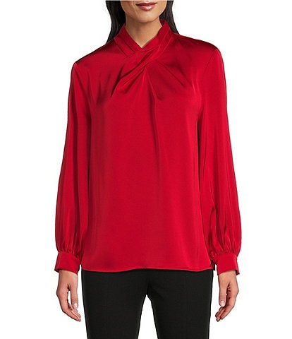 MISOOK Crepe De Chine Crossover Mock Neck Long Balloon Sleeve Blouse