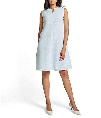 MISOOK Crochet Trim Tweed Knit Split V-Neck Sleeveless A-Line Dress