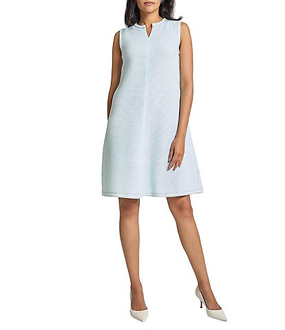 MISOOK Crochet Trim Tweed Knit Split V-Neck Sleeveless A-Line Dress
