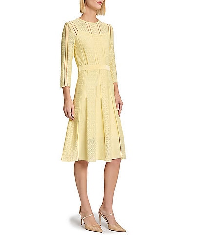 MISOOK Diamond Pointelle Knit Round Neck 3/4 Sleeve Dress