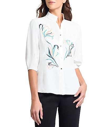 MISOOK Floral Embroidered Crepe De Chine Stand Collar Elbow Puff Sleeve Blouse