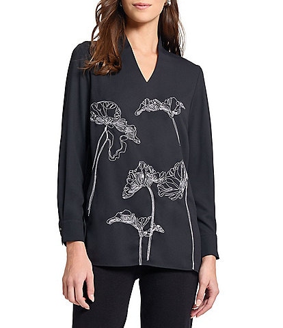 MISOOK Floral Embroidered Crepe De Chine V-Neck Long Sleeve Tunic