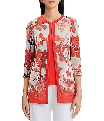 MISOOK Floral Jacqaurd Flat Knit Jewel Neck 3/4 Sleeve Jacket