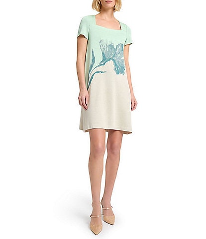 MISOOK Floral Jacquard Knit Square Neck Short Sleeve A-Line Dress