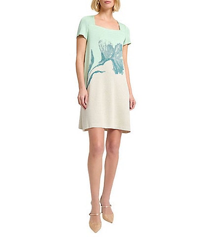 MISOOK Floral Jacquard Knit Square Neck Short Sleeve A-Line Dress