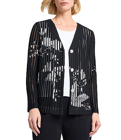 MISOOK Floral Sheer Striped Soft Knit V-Neck Long Sleeve Jacket