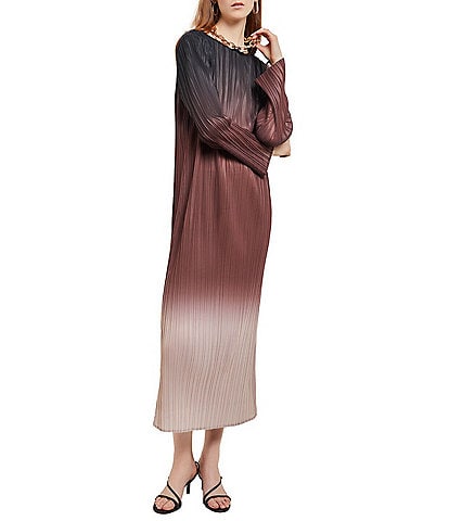 MISOOK Gradient Woven Ombre Print Crew Neck Long Sleeve Coordinating Pleated Midi Dress