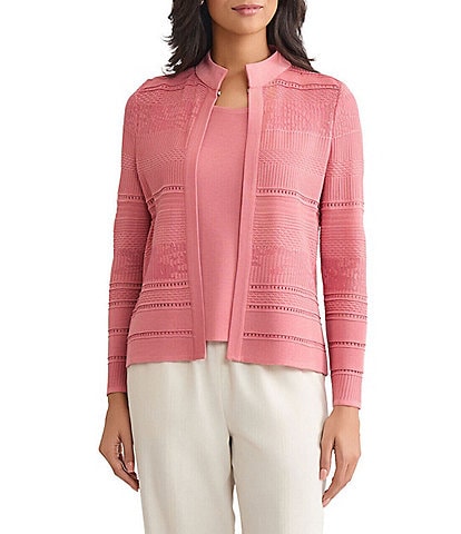 Misook Heritage Multi-Stitch Tonal Knit Mandarin Collar Long Sleeve Jacket