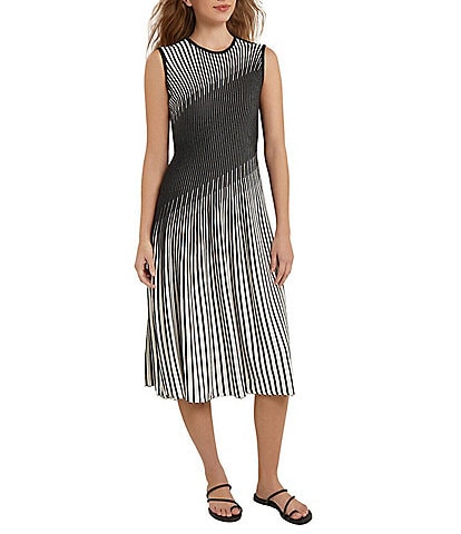 MISOOK Intarsia Knit Ombre Striped Print Sleeveless Contrasting Trim A-Line Midi Dress