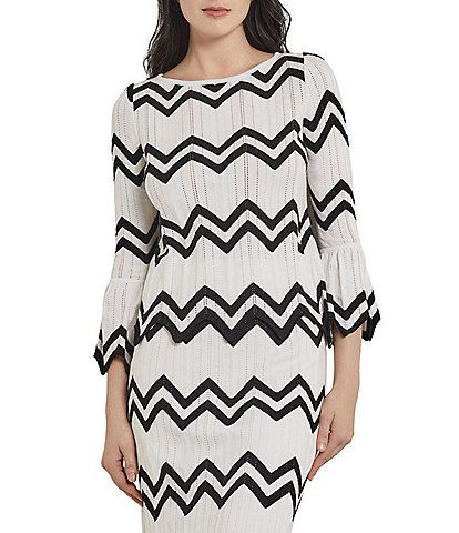 MISOOK Knit Contrast Chevron Pattern Boat Neck Long Scallop Sleeve Coordinating Top