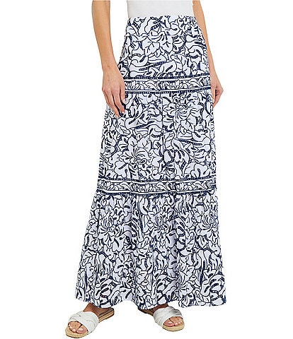 MISOOK Knit Floral Embroidered Tiered Contrast Trim A-Line Maxi Skirt